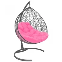 Подвесное кресло M-GROUP для двоихс ротангом серое, розовая подушка